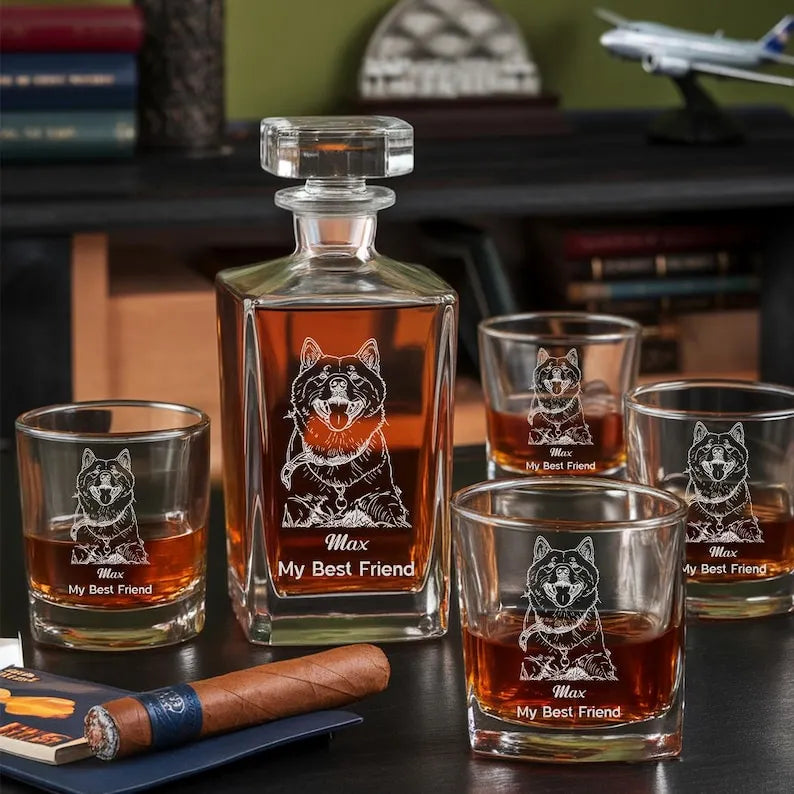 Custom Photo Pet Whiskey Decanter Set With Glasses, Gift For Dog Lovers