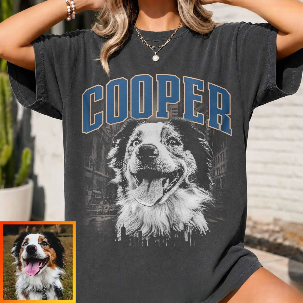 Custom Vintage Urban Pet Portrait T-shirt, Pet Photo Tee with Name