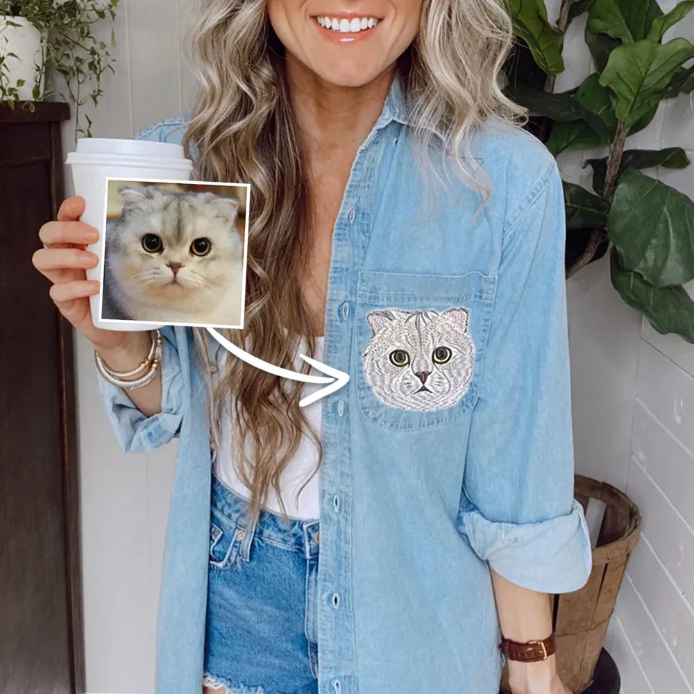 Embroidered Pet Portrait Denim Shirt For Woman, Custom Pet Photo Denim Shirt 