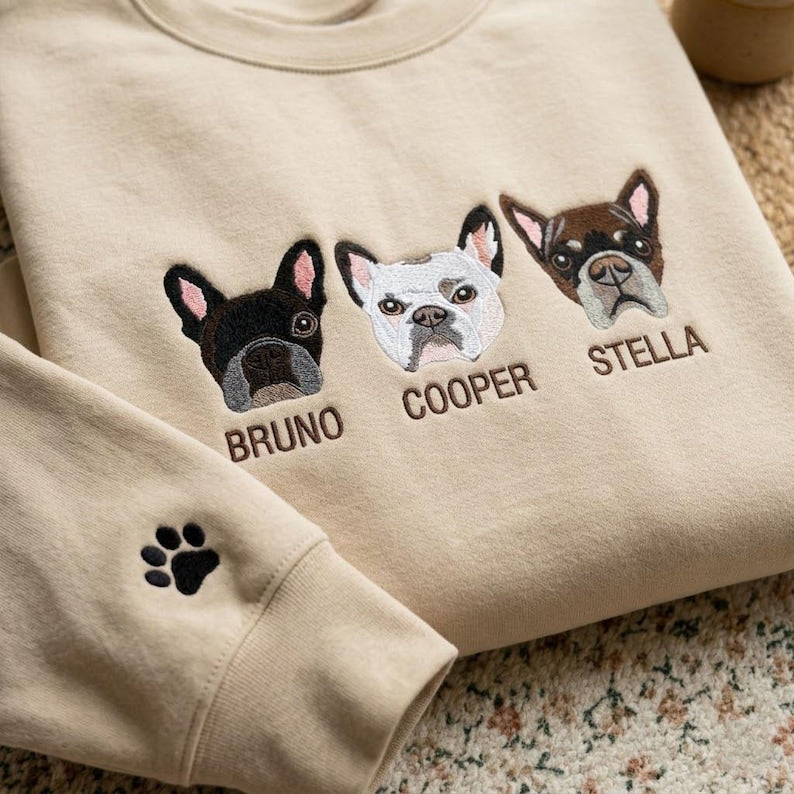 Personalized Pet Face Embroidered Crewneck Sweatshirt T-shirt, Gifts for Dog Lover - Colorful Design