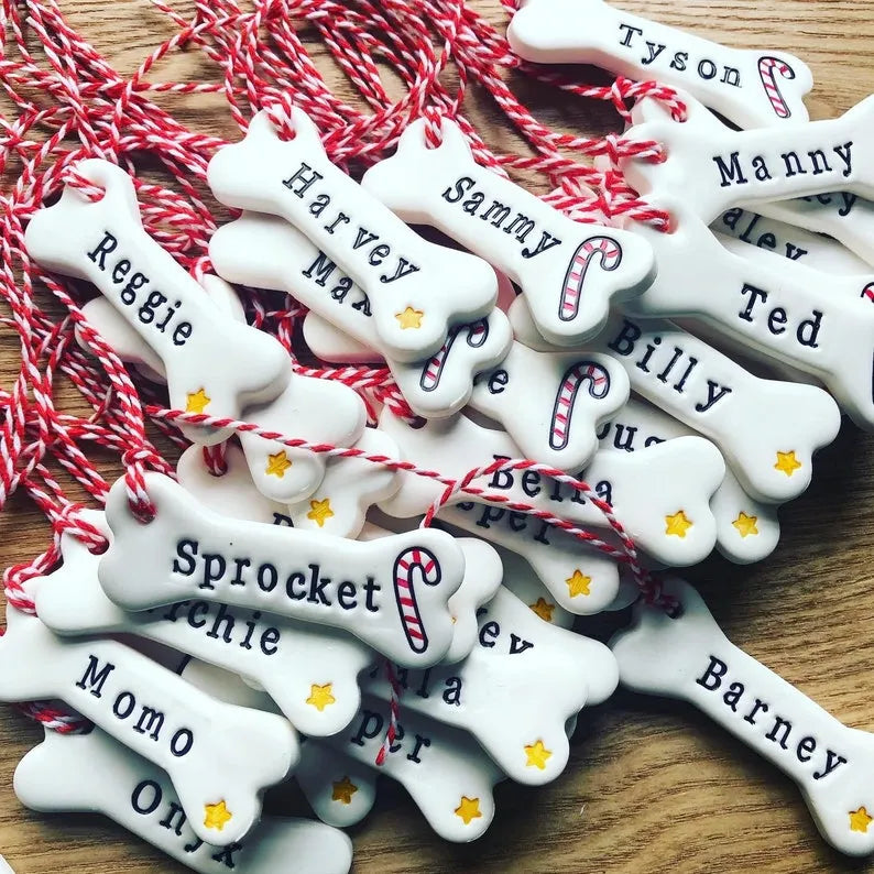 Dog Bone Personalised Pet Name Christmas Decorations With Hanging Rope