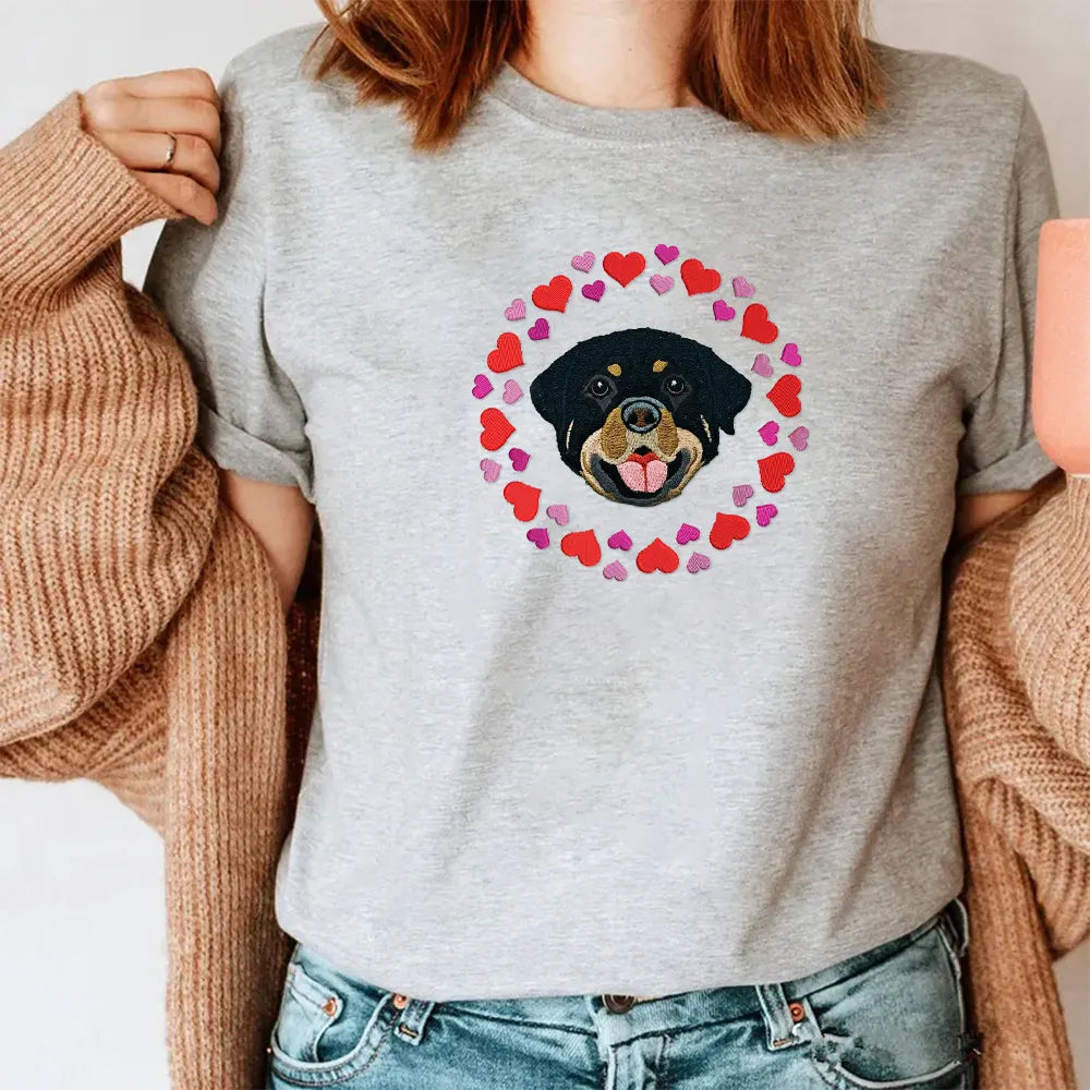PetFiestas® Custom Pet Portrait Embroidered With Pink Hearts Design Valentines Sweatshirt Hoodie T-shirt- Colorful Desig