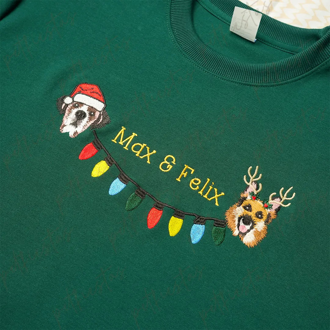 PetFiestas® Custom 2 Pets Portrait and Christmas String Lights Embroidered Sweatshirt, Hoodie, T-shirt- Colorful Design