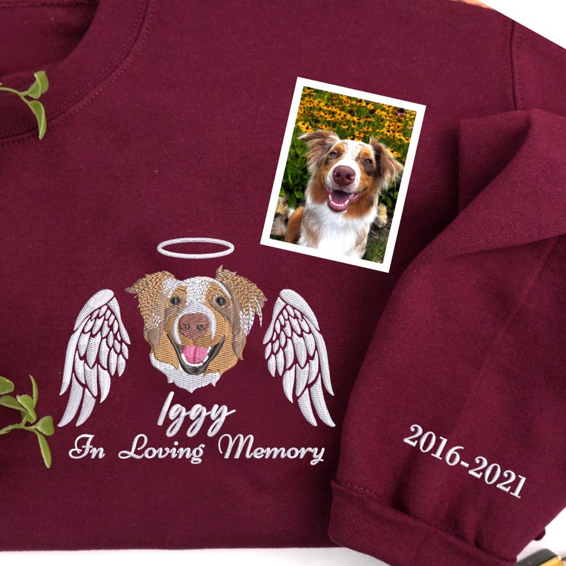In Loving Memory Sweatshirt with Dog Portrait - Custom Pet Portrait Embroidered T-shirt Hoodie- Colorful Design