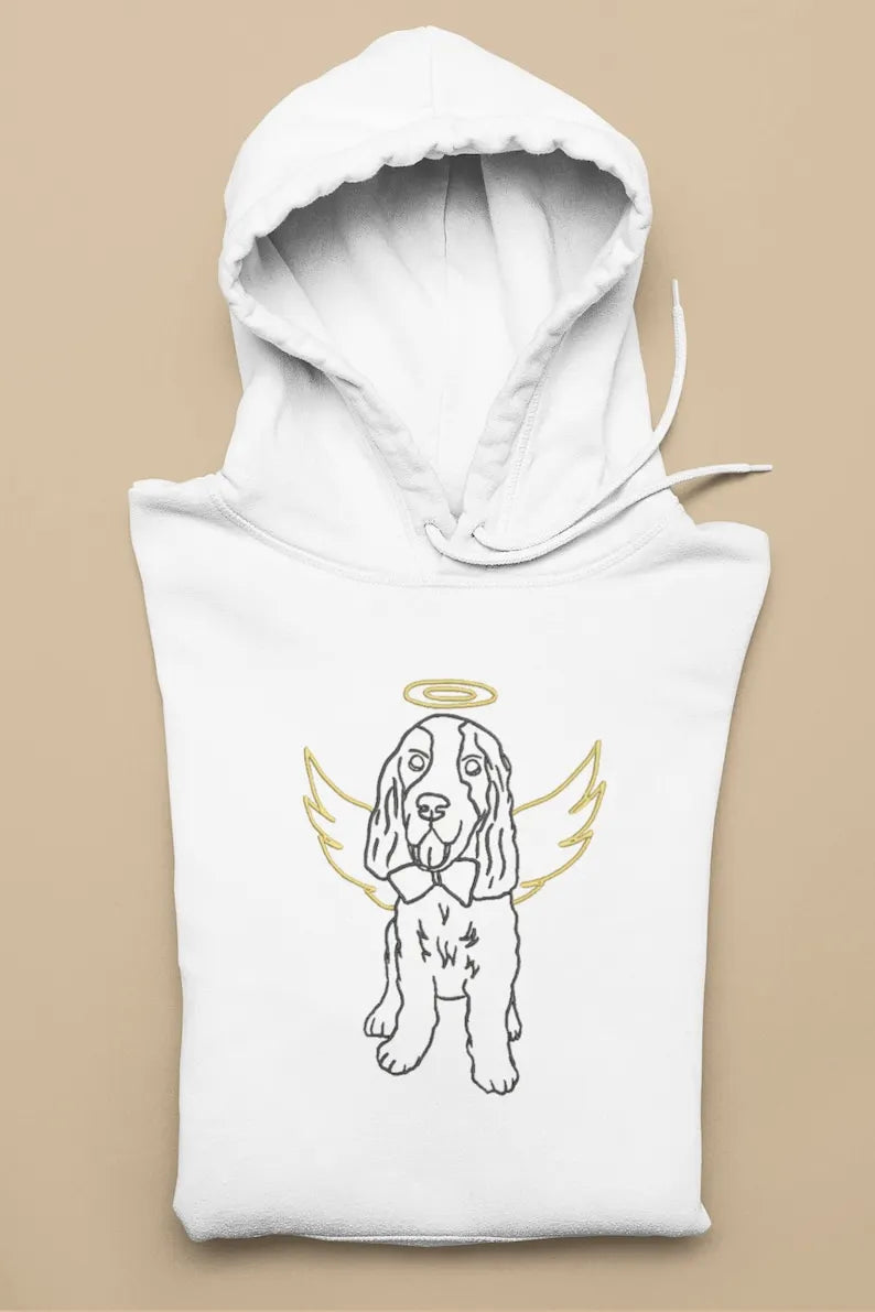 Custom Angel Embroidered Pet Portrait Line Art Hoodie Sweatshirt T-shirt, Dog Loss Memorial Gift- Stylish Outline Style