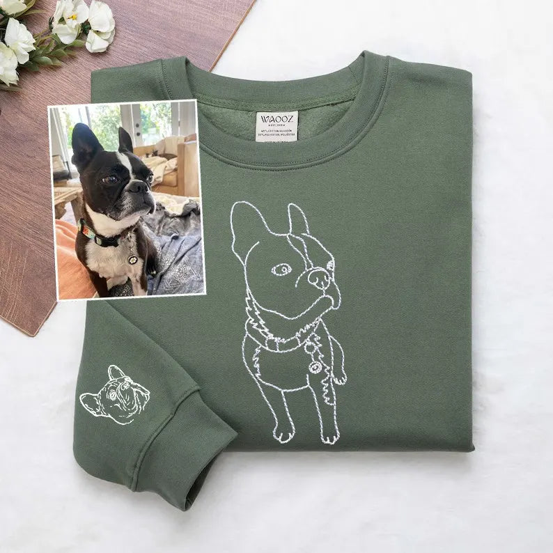 Custom Embroidered Pet Photo On Sleeve And Center Chest Sweatshirt Hoodie T-shirt- Stylish Outline Style