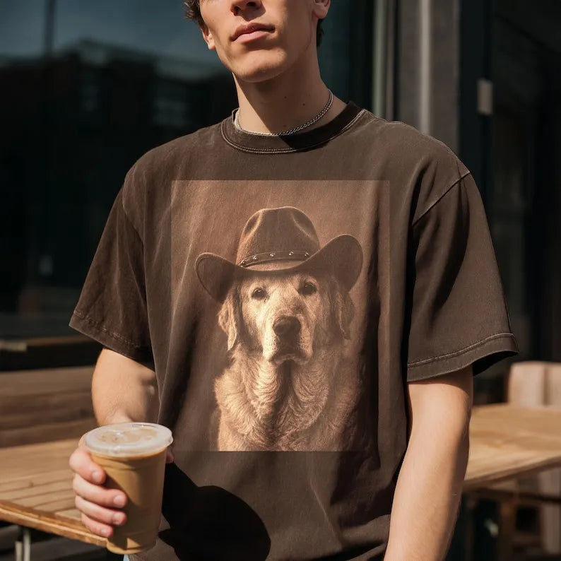 Custom Pet Portrait Cowboy Shirt, Vintage Western Tee for Dog Lovers
