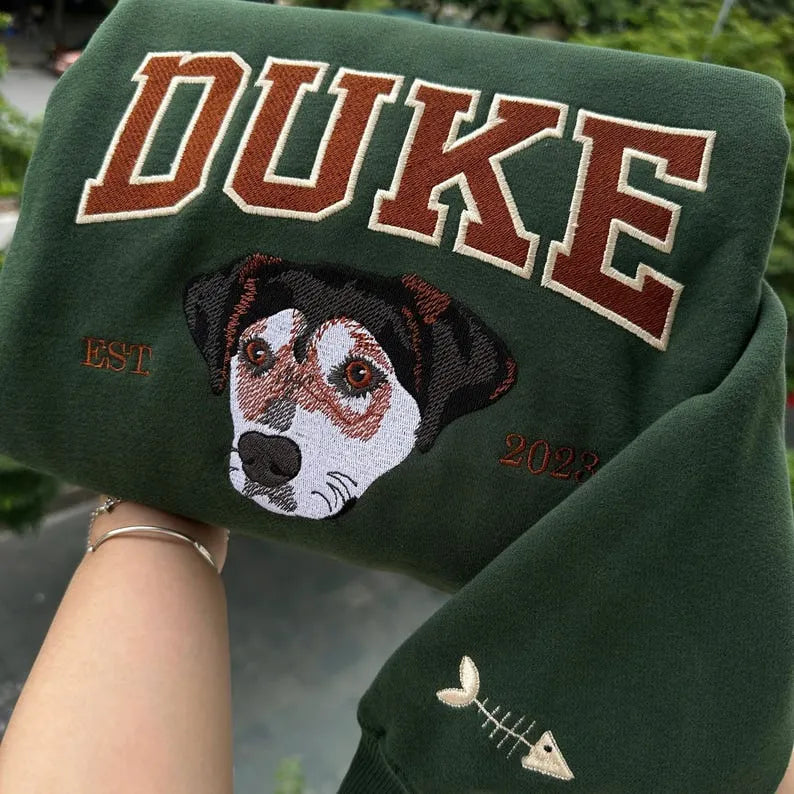 Custom Pet Portrait Embroidered Sweatshirt with Pet Name and Est Year