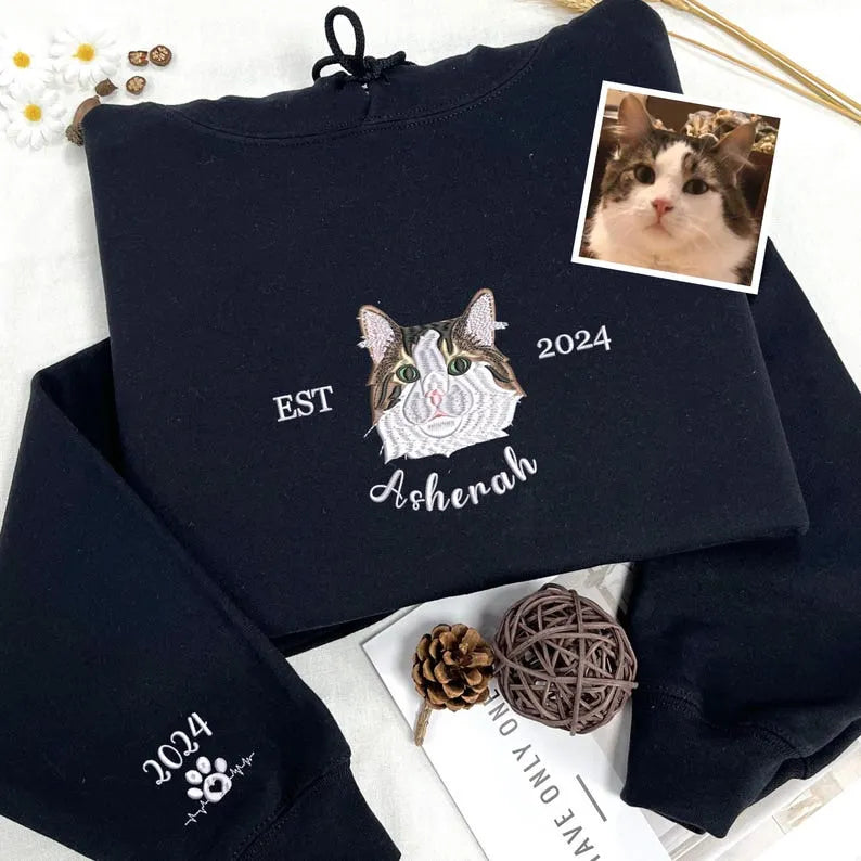 Custom Pet Embroidery Shirt from Photo, Custom Cat Dog Embroidery Hoodie Sweatshirt T-shirt- Colorful Design
