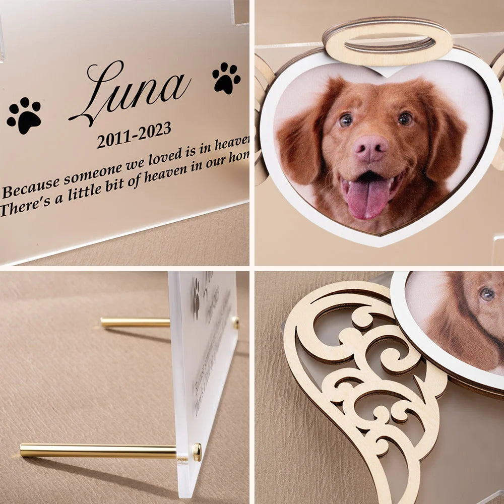 Memorial Pet Plaque - Personalized Cat & Dog Photo Acrylic Keepsake with Angel Wings, Heart & Collar Frame