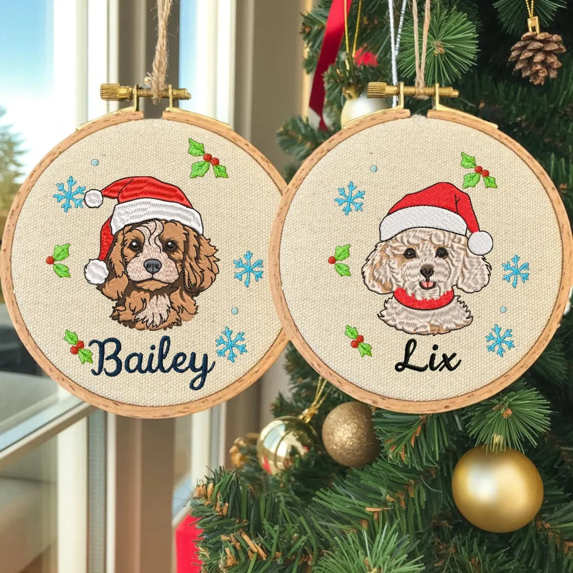 Custom Embroidered Pet Portrait Ornament, Custom Christmas Vibe Ornament