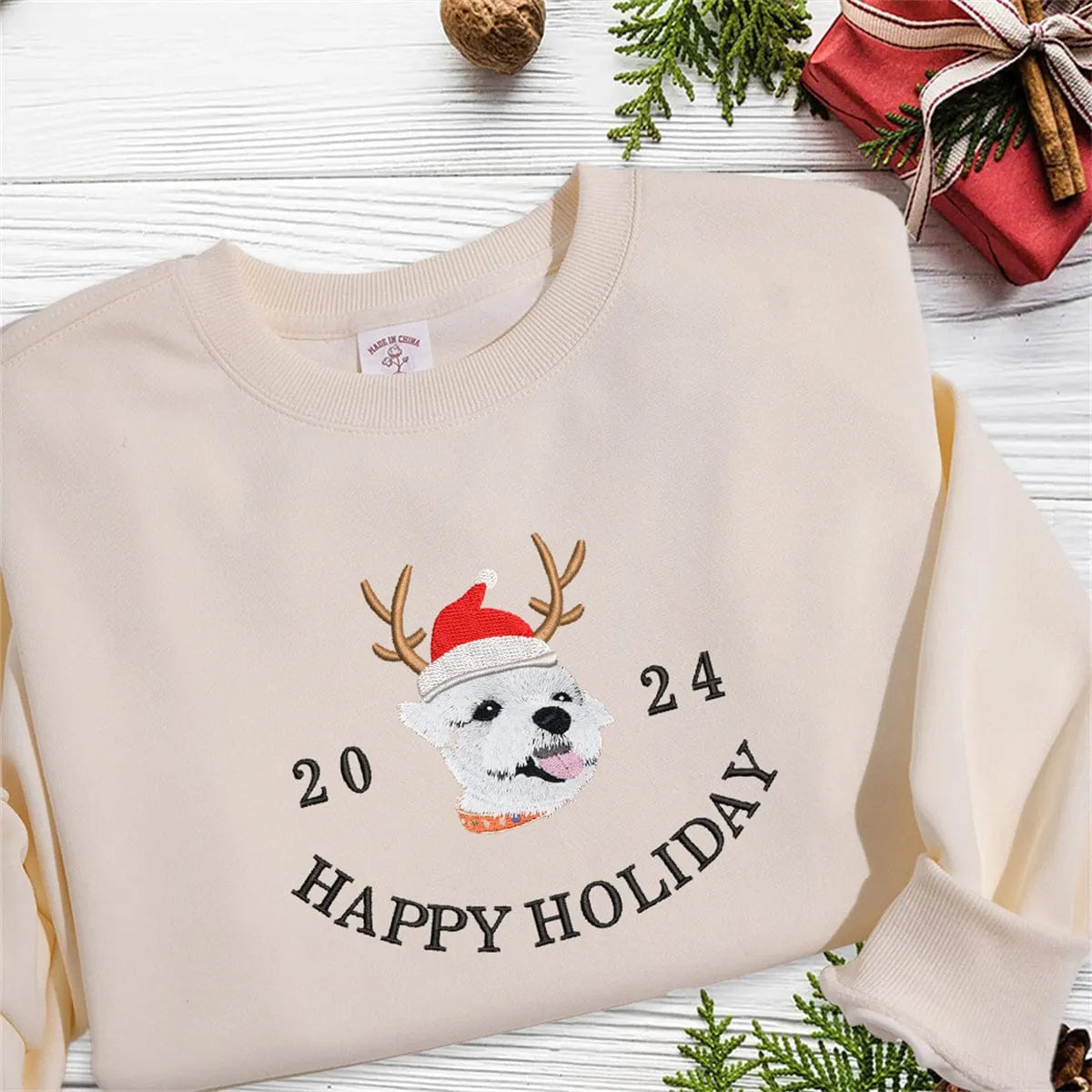 Happy Holiday Custom Pet Photo And Year Embroidered Sweatshirt Hoodie T-shirt- Colorful Design