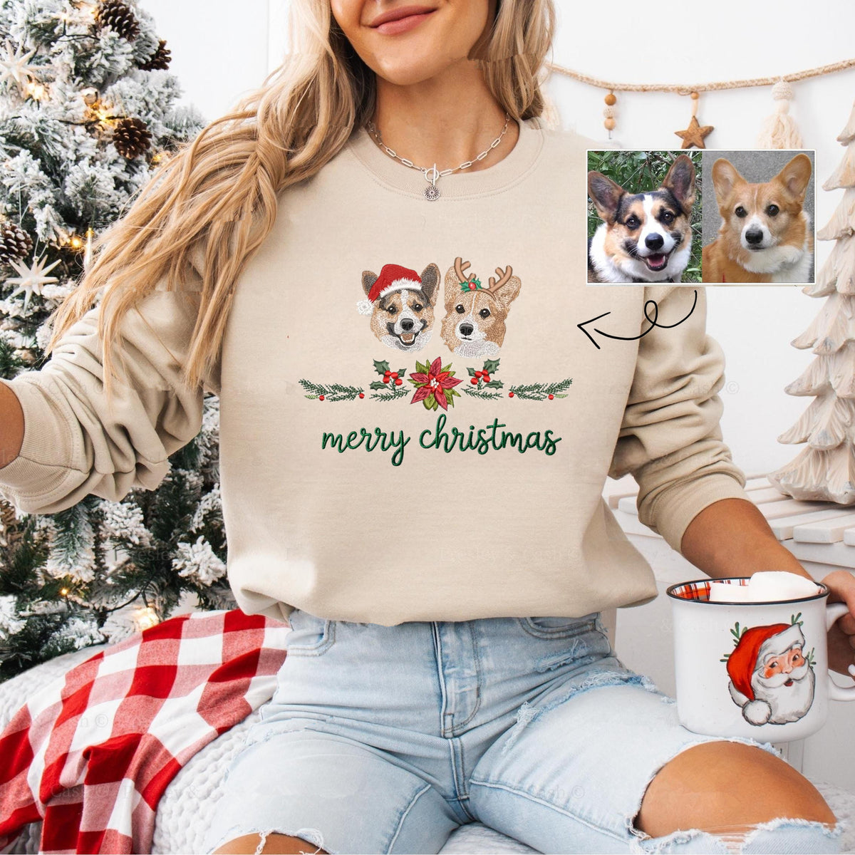 PetFiestas® Merry Christmas Custom Dog Cat Face Embroidered Sweatshirt with Christmas Wreath Embroidery- Colorful Design