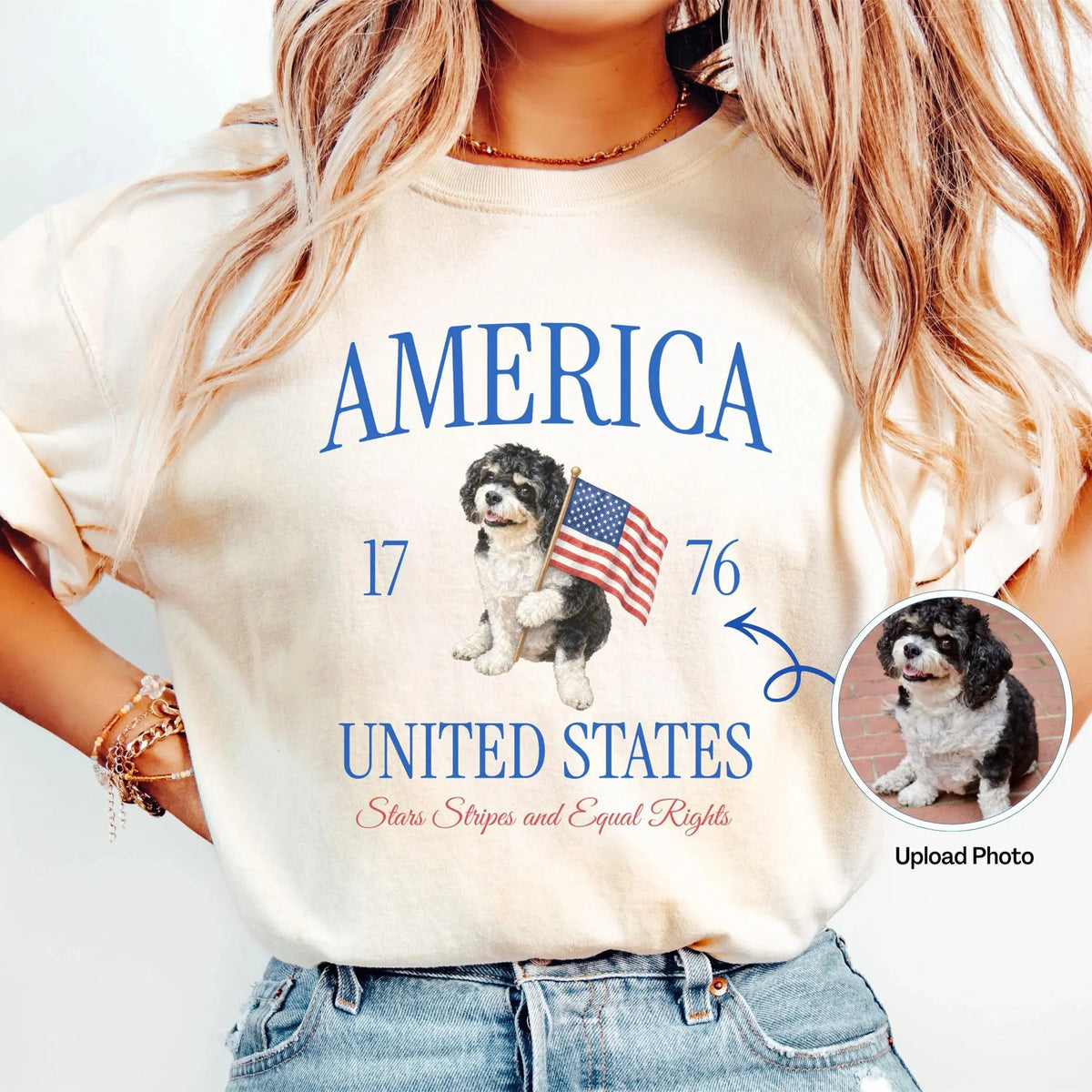 Custom Dog Photo July 4th T-Shirt, Watercolor Style Patriotic Pet Tee