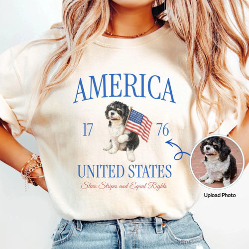 Custom Dog Photo July 4th T-Shirt, Watercolor Style Patriotic Pet Tee