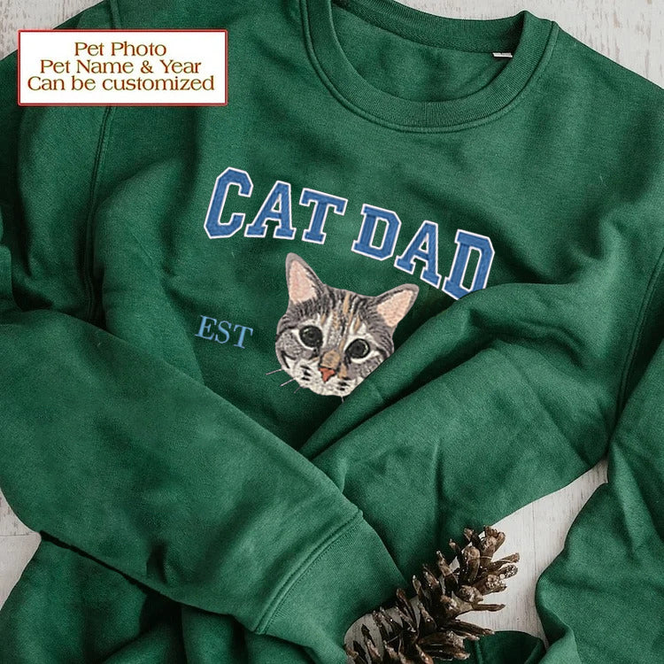 Custom Embroidered Varsity Cat Dad Sweatshirt or Hoodie Portrait from Photo- Varsity Colorful Design