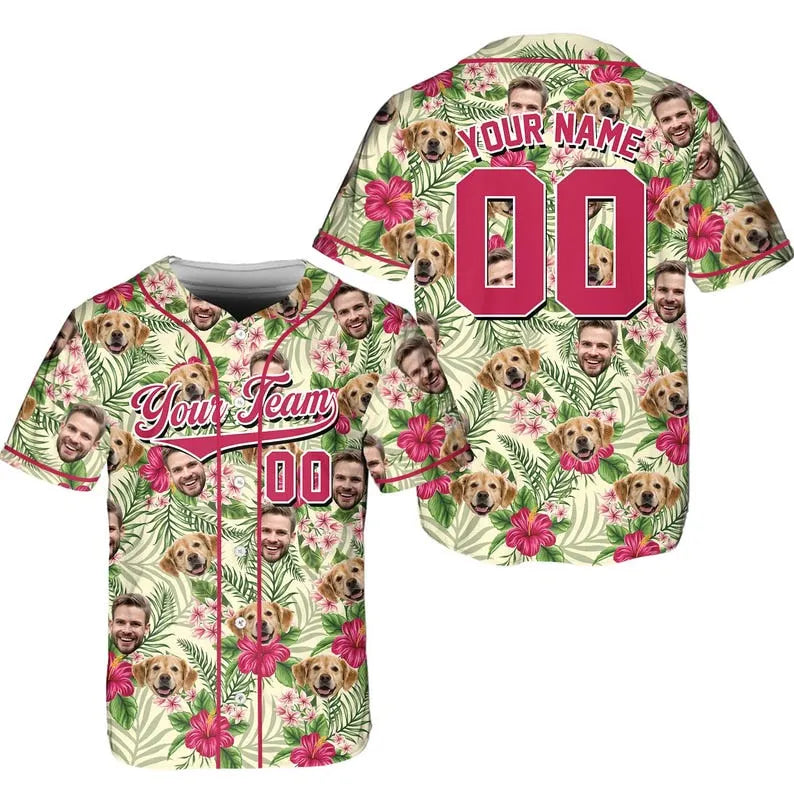 Personalized Dog Face Baseball Jersey Shirt, Custom Team Name Number Tropical Baseball Shirt