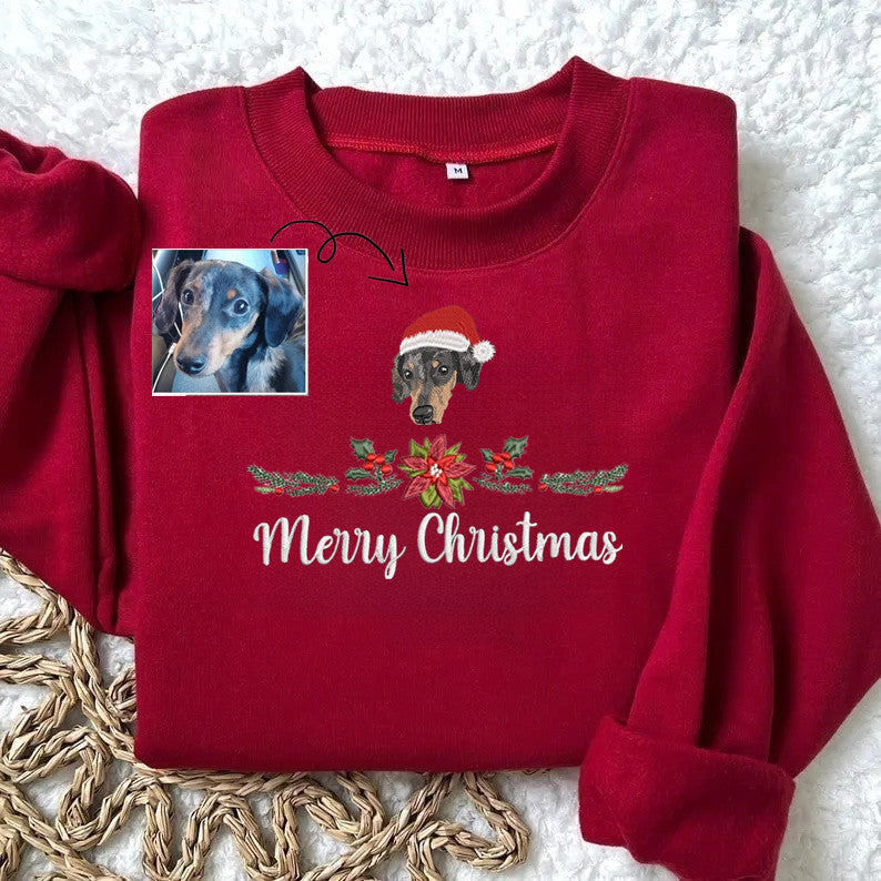 PetFiestas® Merry Christmas Custom Dog Cat Face Embroidered Sweatshirt with Christmas Wreath Embroidery- Colorful Design