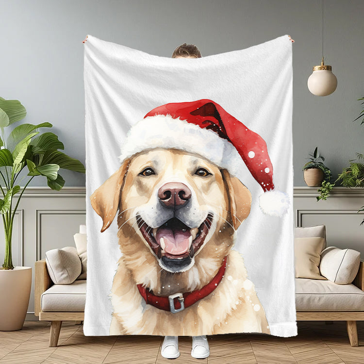 PetFiestas® Custom Christmas Pet Portrait Blanket with Santa Hat & Snowflakes – Personalized Dog Blanket Gift