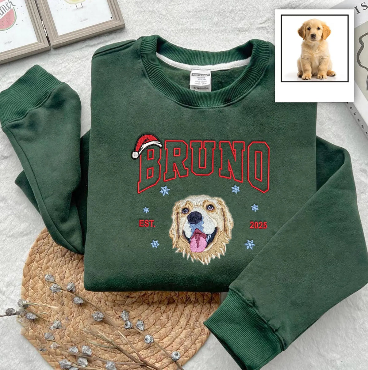 Custom Dog Cat Portrait Embroidered Christmas Sweatshirt- Varsity Colorful Design