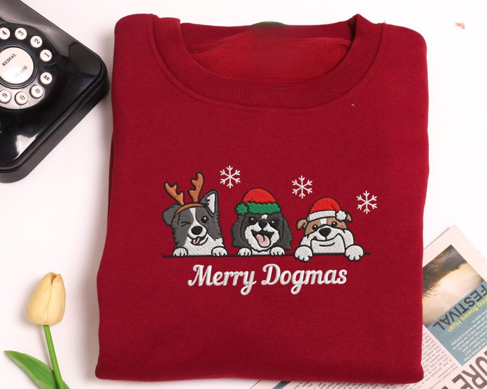 Personalized Christmas Dog Face Embroidered Sweatshirt – Cute Holiday Dog Lover Shirt- Colorful Design