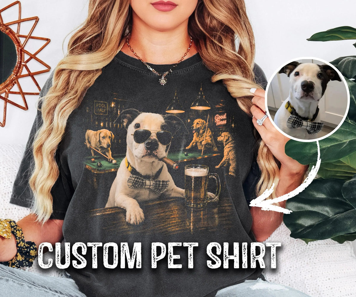  Funny Custom Dog Drinking Beer Shirt— Pool Hall Edition, Personalized Pet Photo Meme Graphic Tee