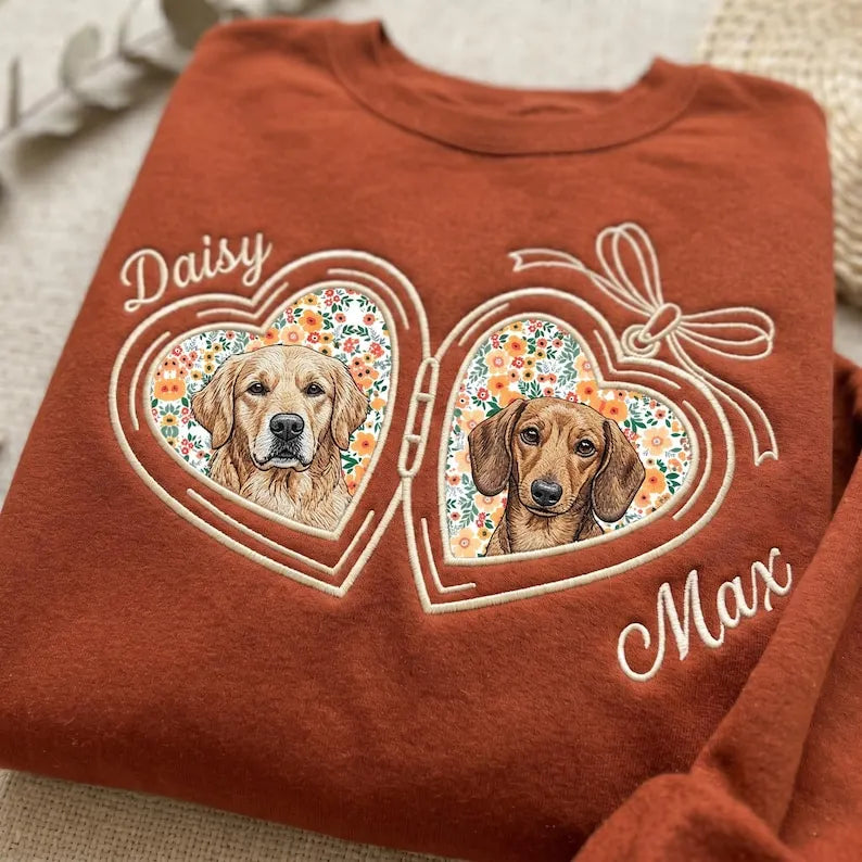 Custom Pet Portrait Embroidered Sweatshirt with Floral Applique Locket Heart with Bow