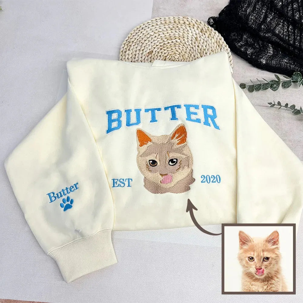 Custom Pet Portrait Embroidered Sweatshirt Hoodie, Varsity Full-color Style