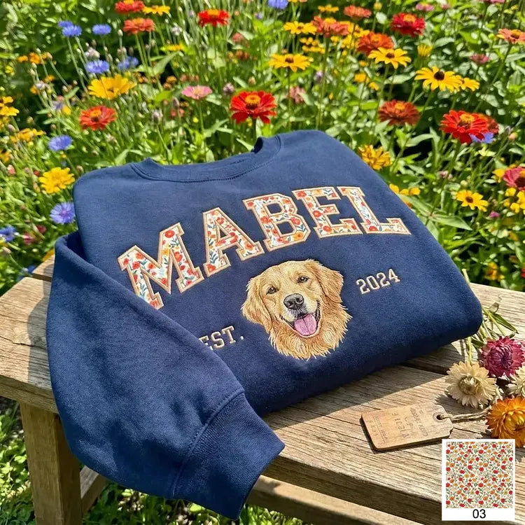 Custom Pet Portrait Floral Applique Embroidered Sweatshirt Hoodie T-shirt