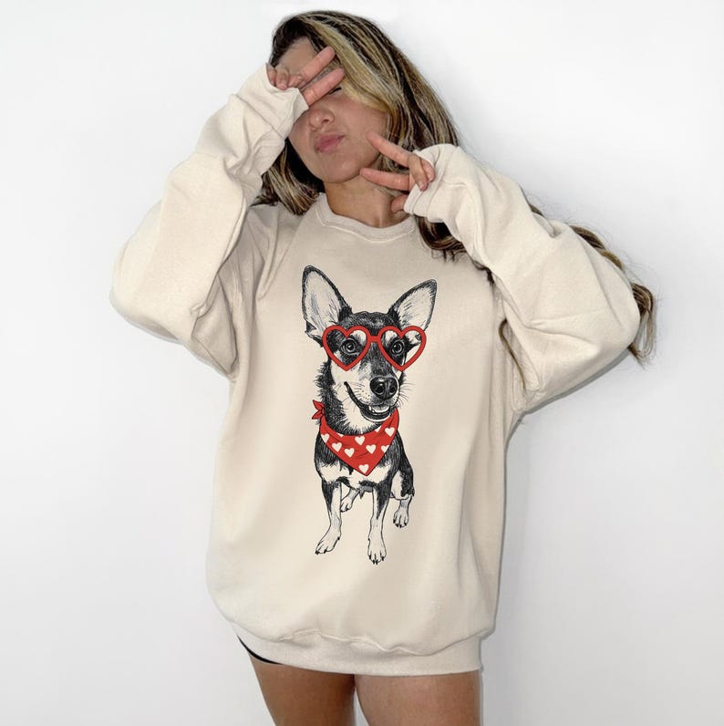 Custom Pet Valentine’s Day Sweatshirt – Personalized Dog with Heart Bandana & Glasses