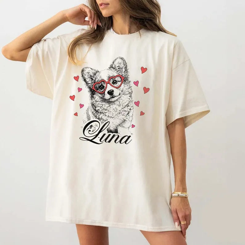 Custom Pet Valentine’s Day Sweatshirt - Personalized Dog/Cat Heart Glasses Graphic Crewneck