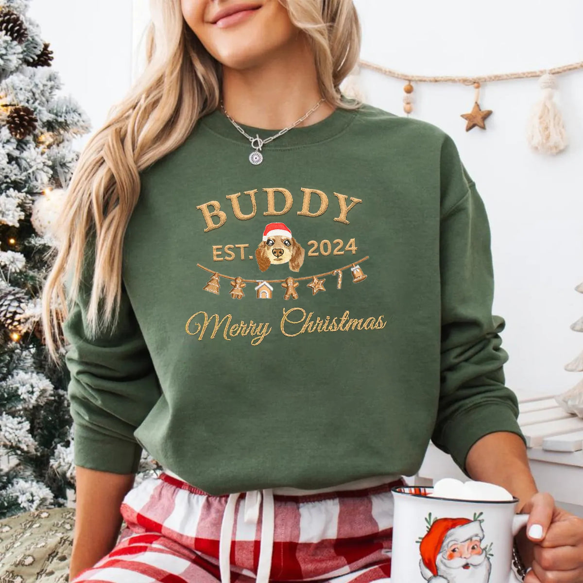 PetFiestas® Gingerbread Embroidery Custom Pet Embroidered Christmas Sweatshirt Hoodie T-shirt- Varsity Colorful Design