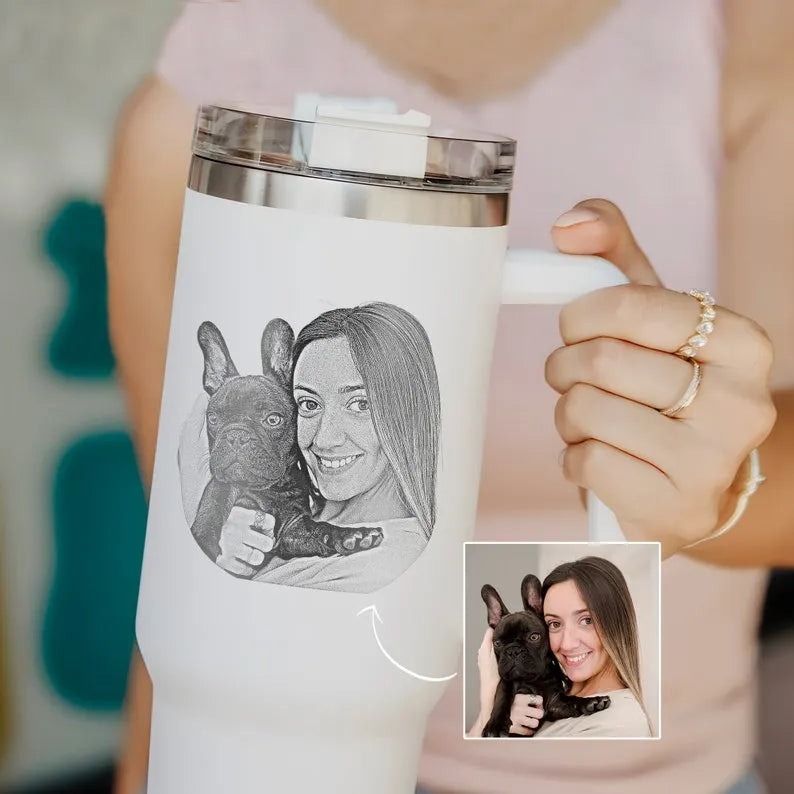 Custom Dog Photo Tumbler, Personalized Engrave Pet Photo on 40oz Tumbler With Handle for Dog Mom