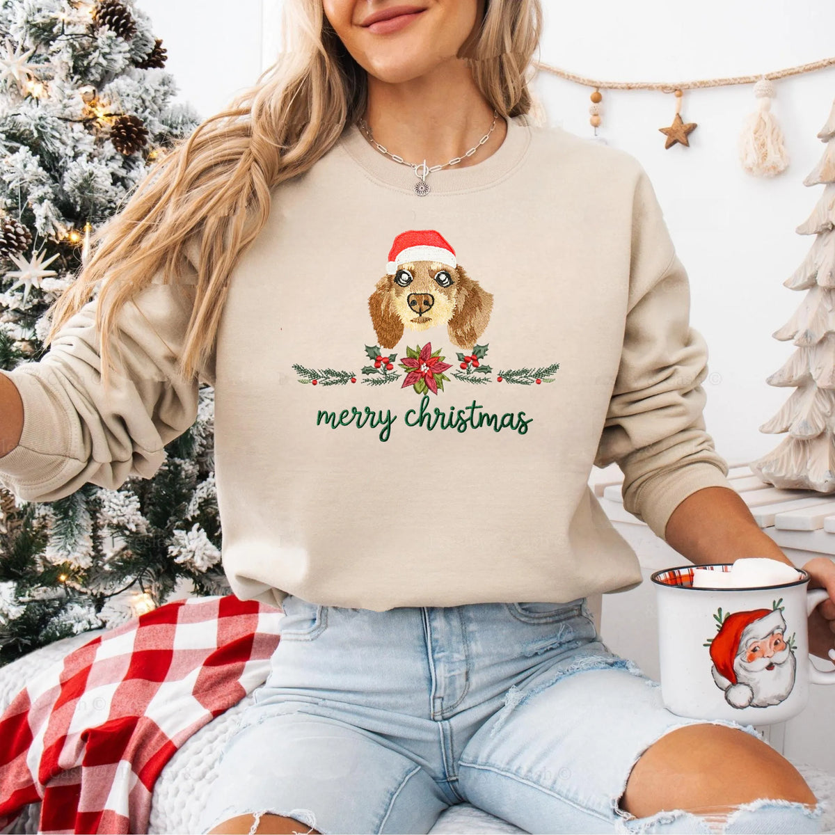 PetFiestas® Merry Christmas Custom Dog Cat Face Embroidered Sweatshirt with Christmas Wreath Embroidery- Colorful Design