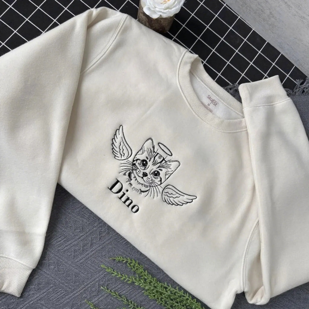 Custom Cat Memorial Embroidered Sweatshirt – Pet Portrait with Angel Wings & Tarot Card Back