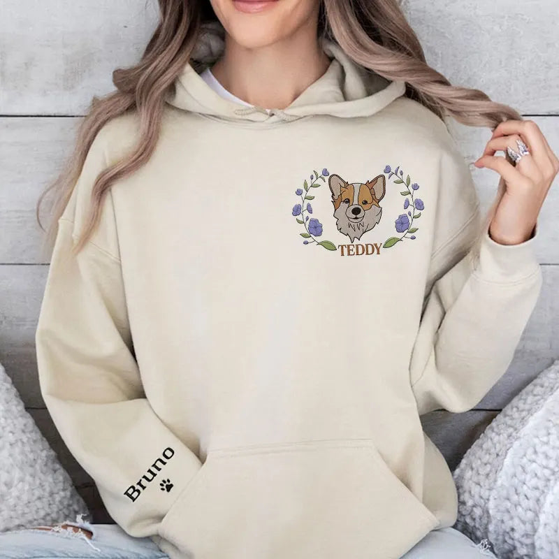 Custom Pet Portrait Embroidered Dog Mom Floral Sweatshirt Hoodie- Colorful Design