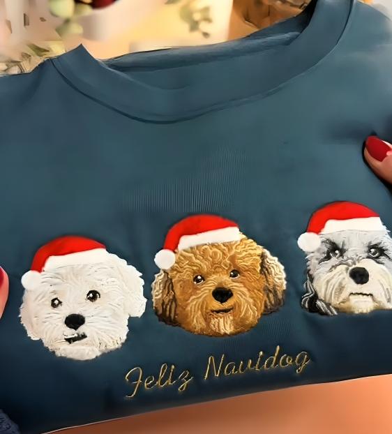 Custom Dog Cat Portrait Embroidered Christmas Sweatshirt Hoodie T-shirt- Colorful Design
