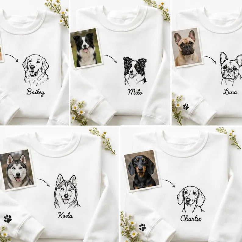 Custom Pet Portrait Line Art Embroidery Sweatshirt, Minimal Embroidered Dog Cat Hoodie- Stylish Outline Style