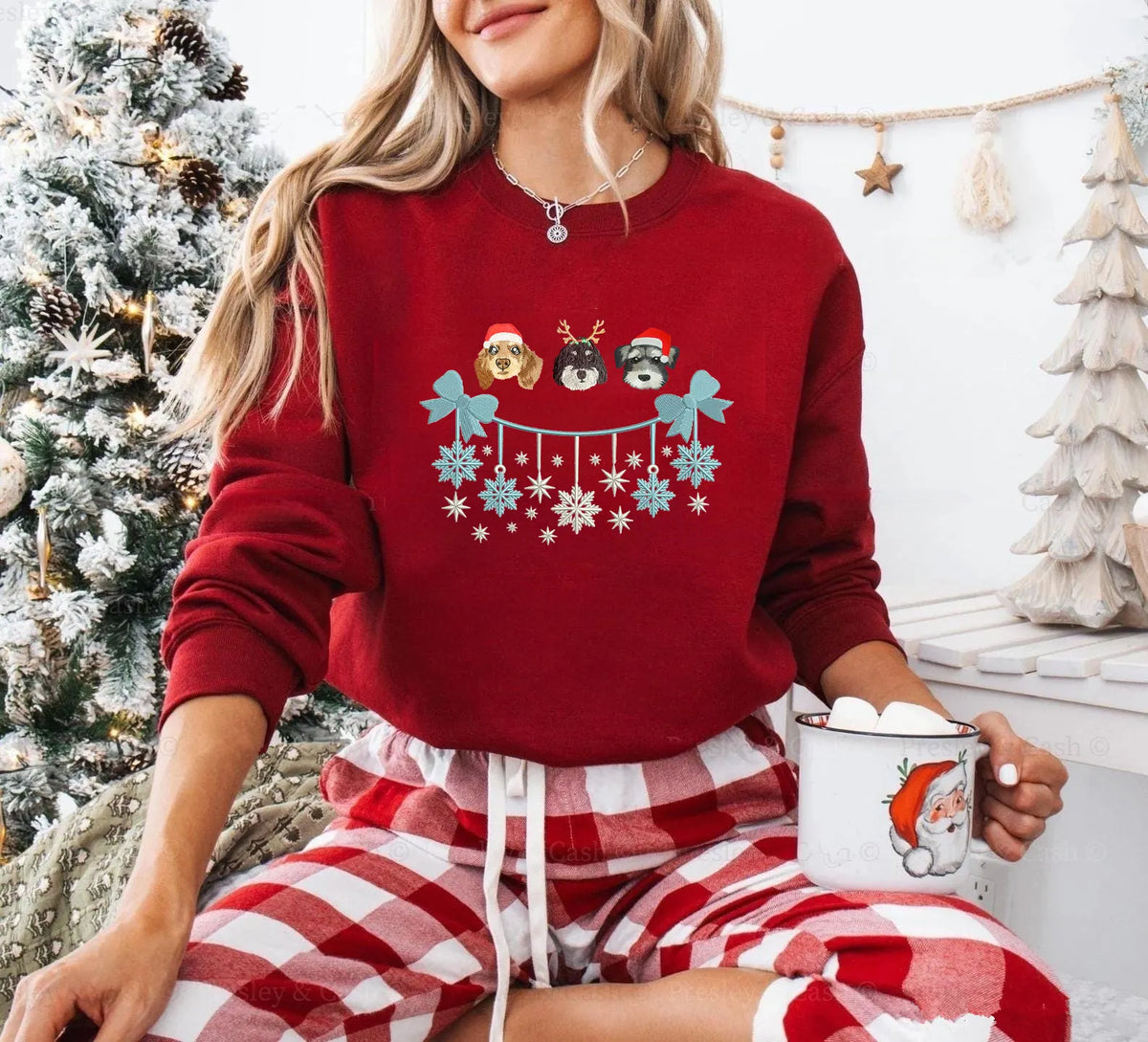 PetFiestas® Christmas Custom Dog Cat Face Embroidered Sweatshirt with Snowflake Embroidery- Colorful Design