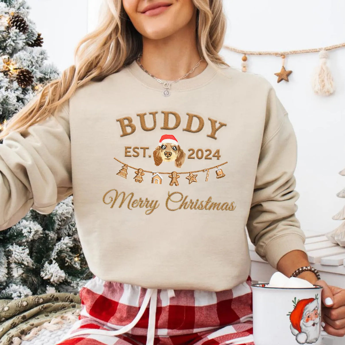 PetFiestas® Gingerbread Embroidery Custom Pet Embroidered Christmas Sweatshirt Hoodie T-shirt- Varsity Colorful Design