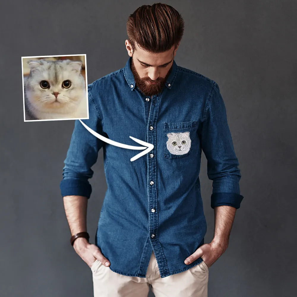 Embroidered Pet Portrait Denim Shirt For Man, Custom Pet Photo Denim Shirt 