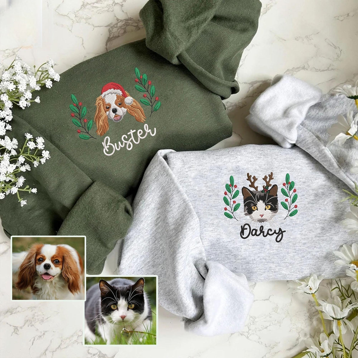Custom Dog Portrait Embroidered Christmas Shirt, Personalized Pet Face and Pet Name Sweatshirt- Colorful Design