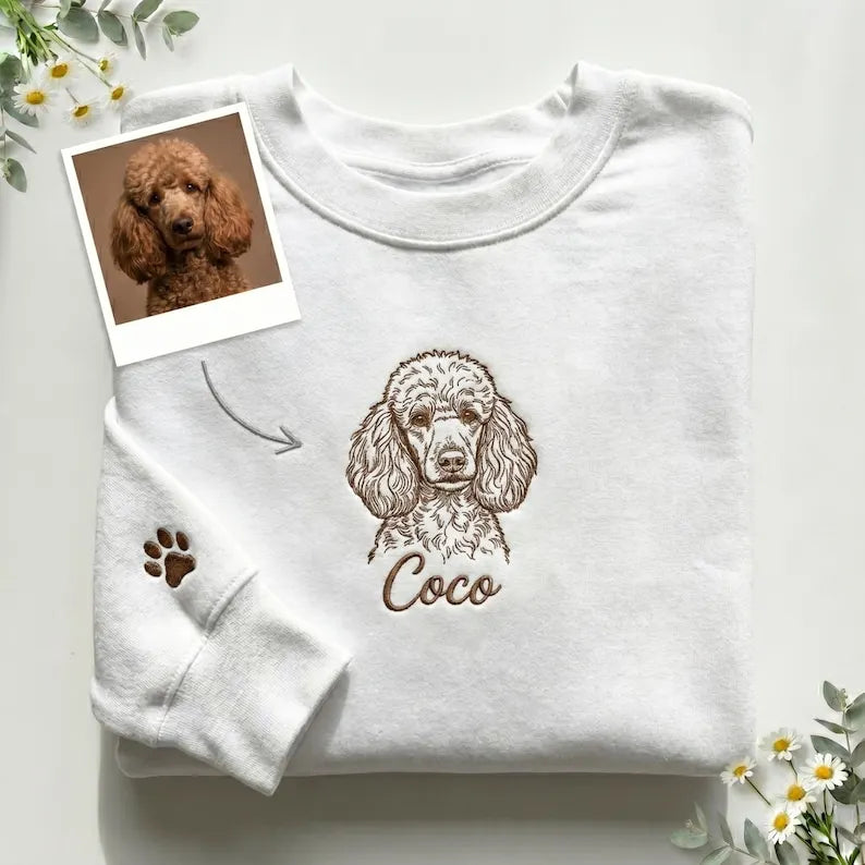 Custom Pet Portrait Line Art Embroidery Sweatshirt, Minimal Embroidered Dog Cat Hoodie- Stylish Outline Style