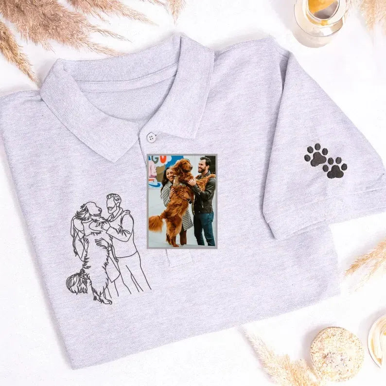 Custom Dog Portrait Polo Shirt – Personalized Embroidered Pet Shirt for Dad or Husband- Stylish Outline Style