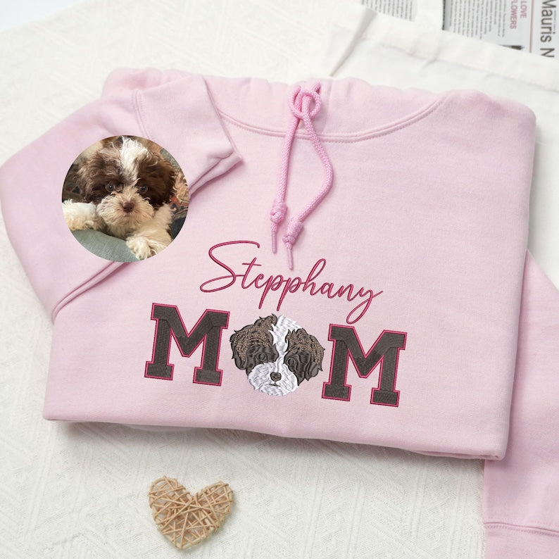 Dog Mom Sweatshirt with Pet Face & Name, Custom Pet Embroidered T-Shirt Sweatshirt Hoodie- Colorful Design