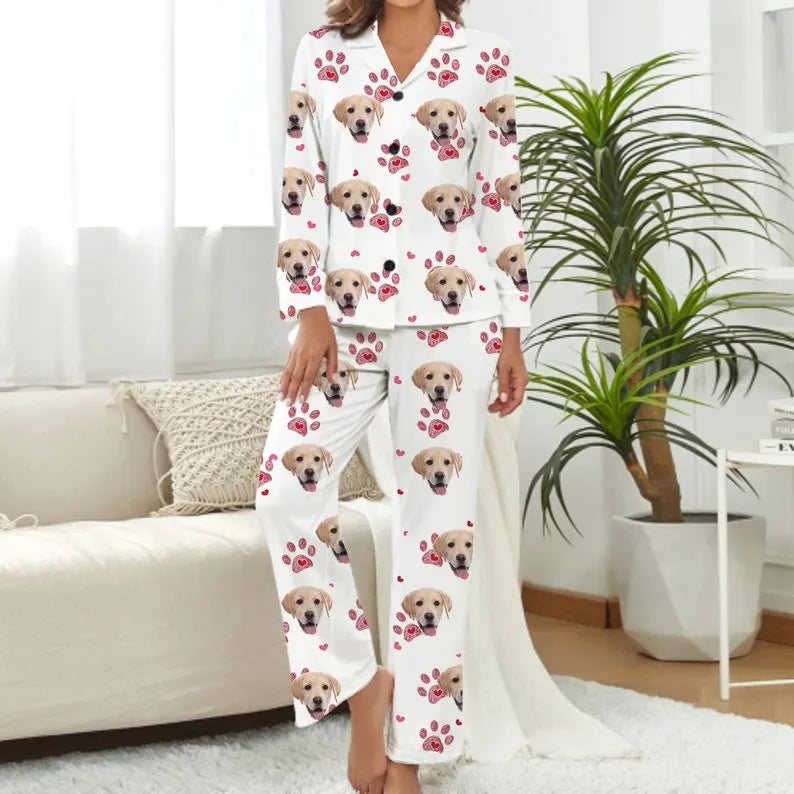 Cute Dog Paws Print Home Pajamas, Custom Puppy Face Photo Pajamas