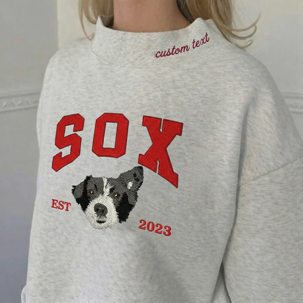 Custom Premium Handcrafted Varsity Style Pet Photo Embroidered Mockneck Sweatshirt