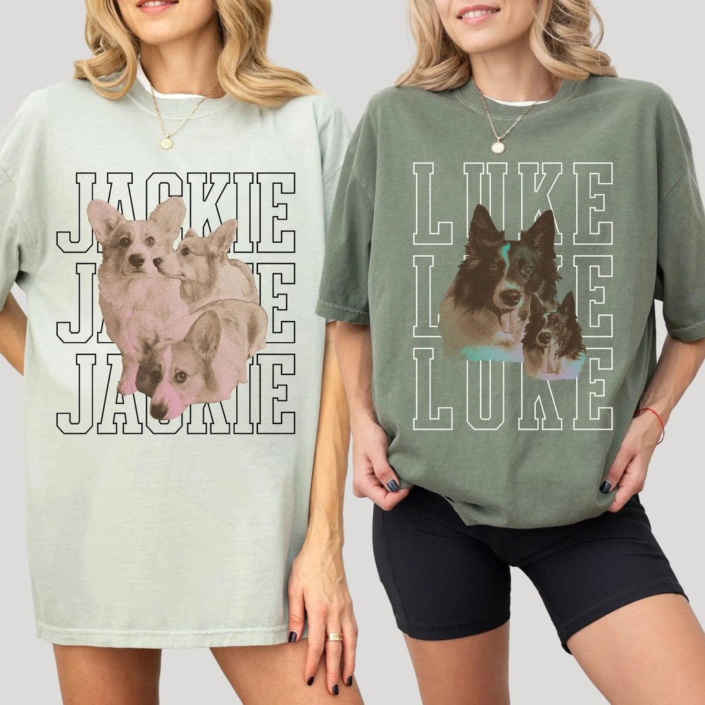 Custom Pet Portrait Shirt - Personalized Dog/Cat Tee with Name - Retro Cat Dad & Dog Mom Gift