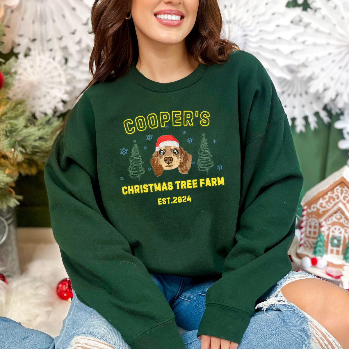 PetFiestas® Custom Christmas Tree Farm Embroidered Personalized Pet Portrait Christmas Sweatshirt Hoodie T-shirt- Varsit