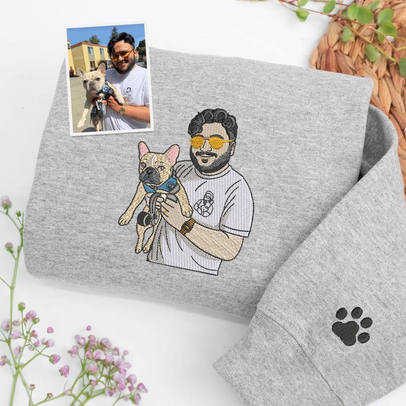 Custom Embroidered Pet and Owner Portrait Sweatshirt, Dog Dad Sweatshirt